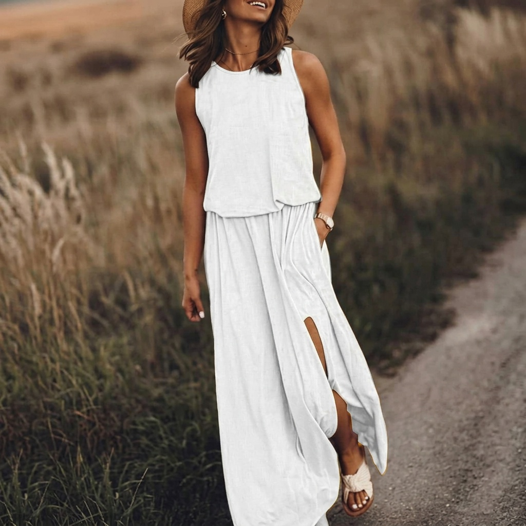 Vestito lungo bianco senza maniche con gonna fluida e ampio spacco laterale