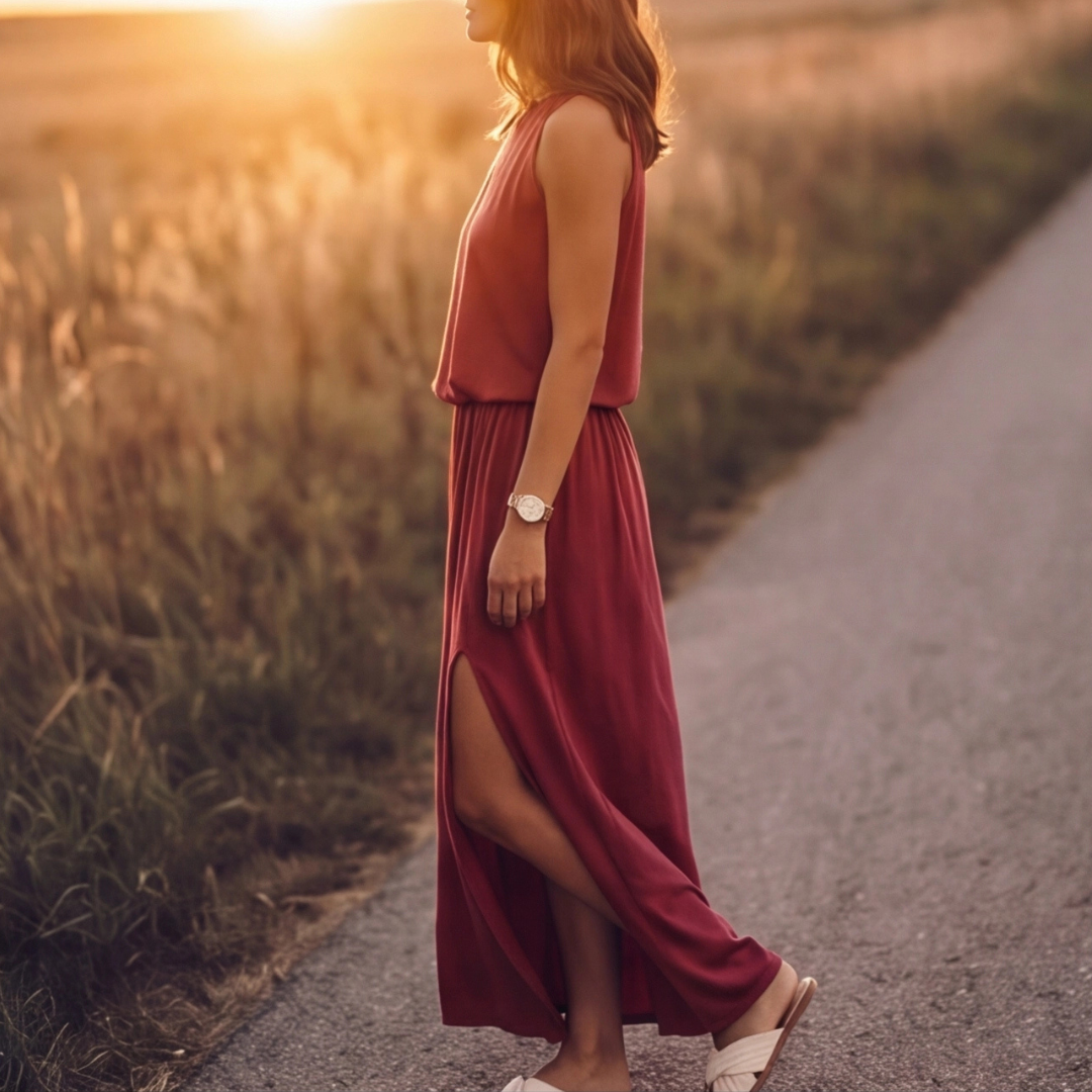 Vestito lungo rosso visto di lato, gonna fluida con spacco e vita arricciata