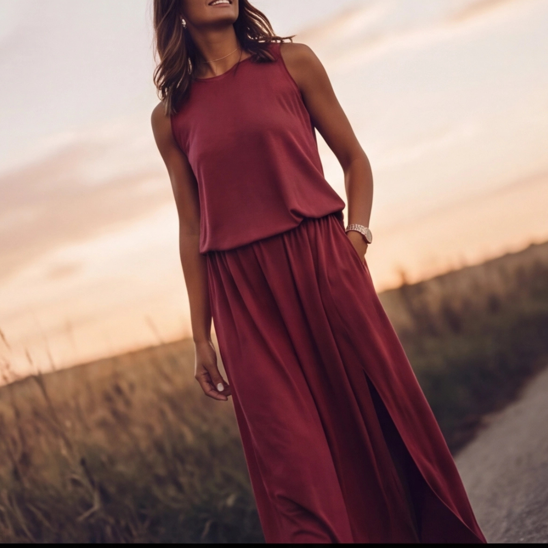 Vestito lungo rosso con corpino blusante e girocollo arrotondato al tramonto