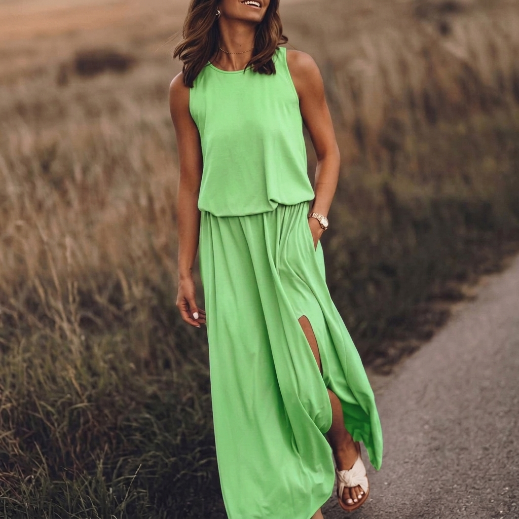 Vestito lungo verde chiaro senza maniche con vita arricciata e spacco laterale