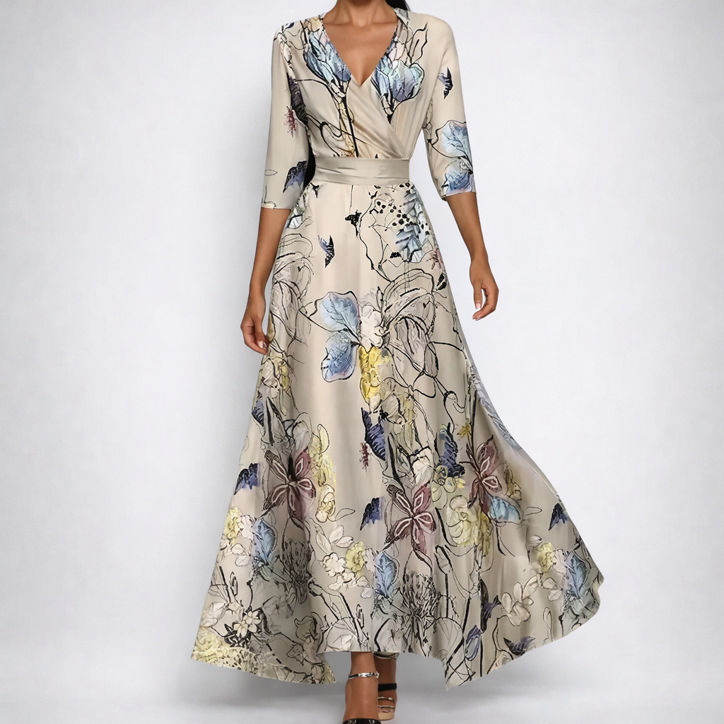 Vestito lungo beige con stampa floreale dipinta e scollo a V incrociato