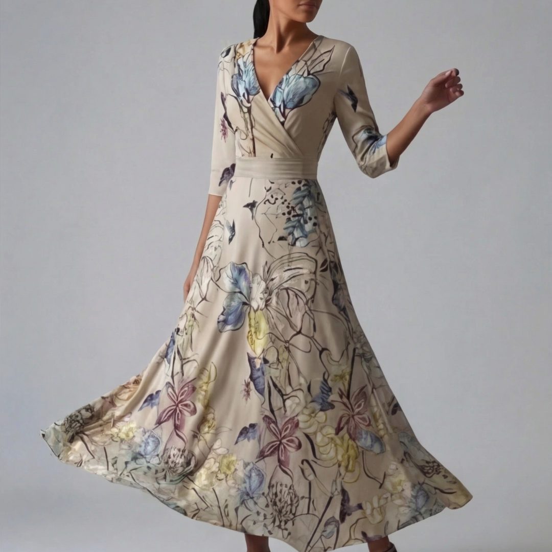 Vestito lungo beige in movimento con gonna svasata e maniche a tre quarti