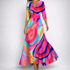 Vestito lungo multicolore con stampa astratta vivace e fascia in vita rosa