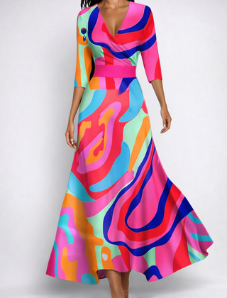 Vestito lungo multicolore con stampa astratta vivace e fascia in vita rosa