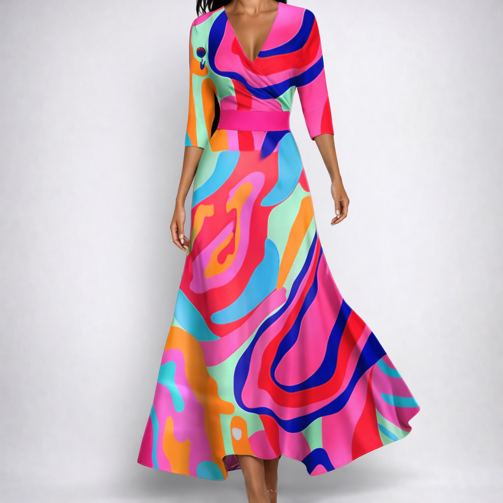 Vestito lungo multicolore con stampa astratta vivace e fascia in vita rosa
