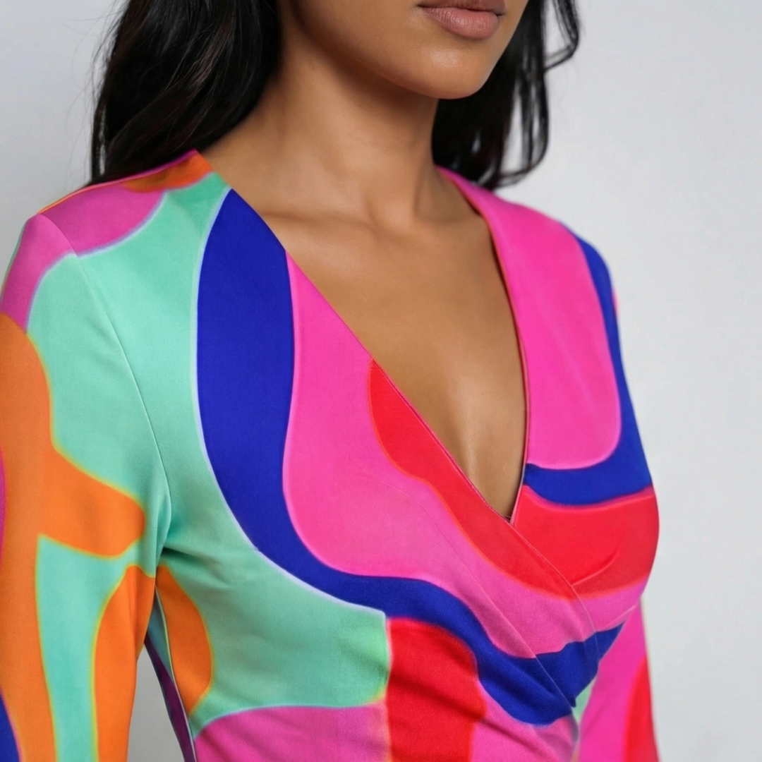Dettaglio scollo a V del vestito multicolore con motivi curvi rosa, blu e arancione