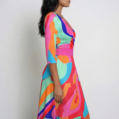 Vestito multicolore di lato con maniche a tre quarti e gonna lunga svasata