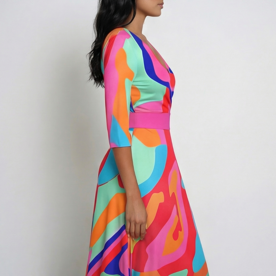 Vestito multicolore di lato con maniche a tre quarti e gonna lunga svasata