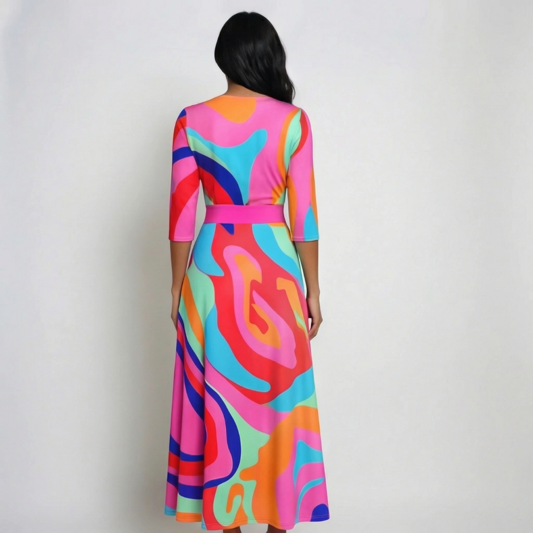 Retro del vestito lungo multicolore con cintura rosa e ampia gonna stampata
