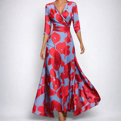 Vestito lungo donna rosso e blu con grandi fiori stampati e gonna ampia svasata