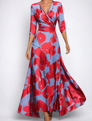 Vestito lungo donna rosso e blu con grandi fiori stampati e gonna ampia svasata