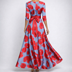 Retro del vestito lungo rosso e blu con fiocco in vita e ampia gonna fluida