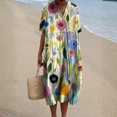 Vestito midi donna multicolore con grandi fiori stilizzati e scollo a V