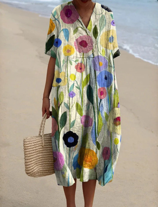 Vestito midi donna multicolore con grandi fiori stilizzati e scollo a V