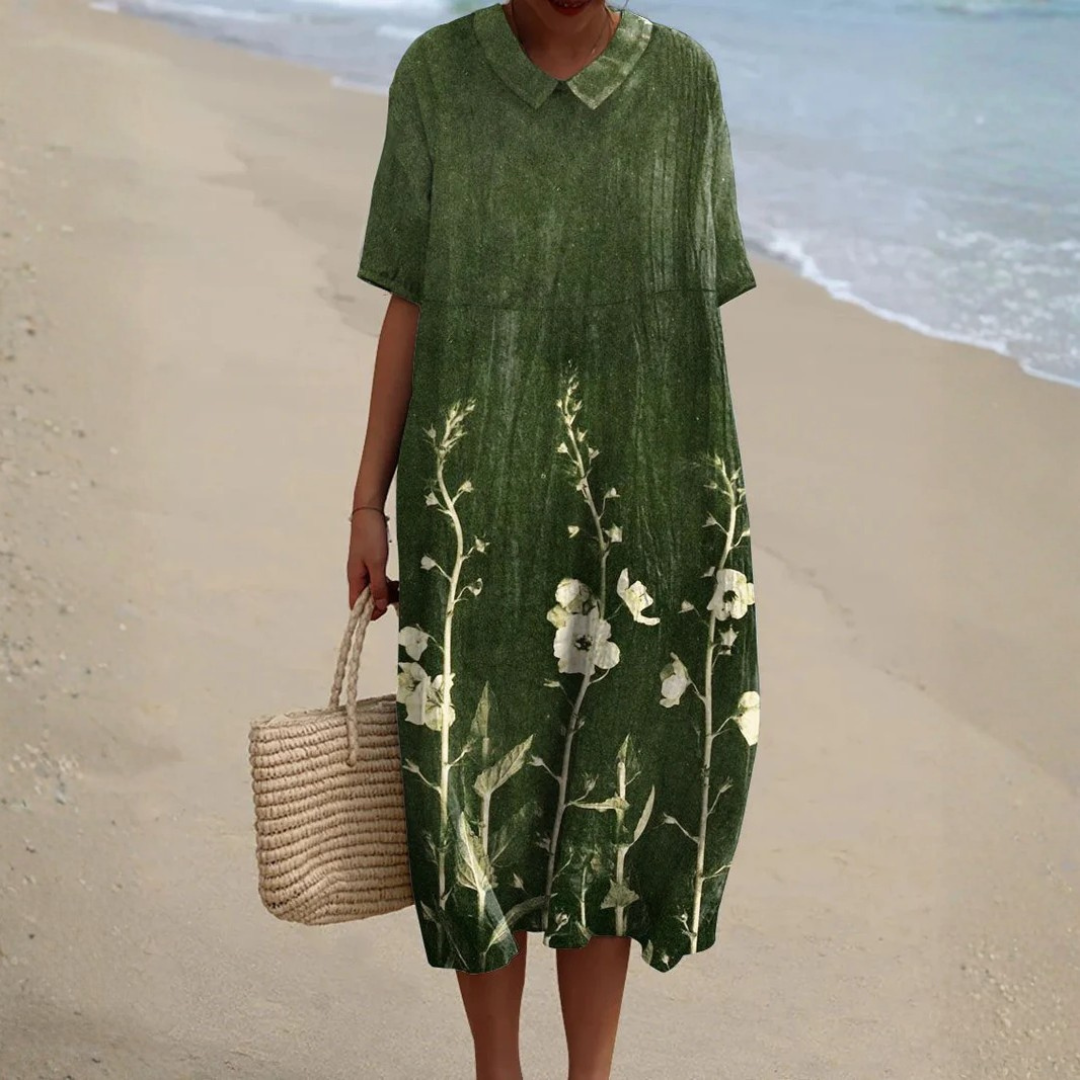 Vestito midi donna verde con colletto e rami fioriti bianchi sulla gonna