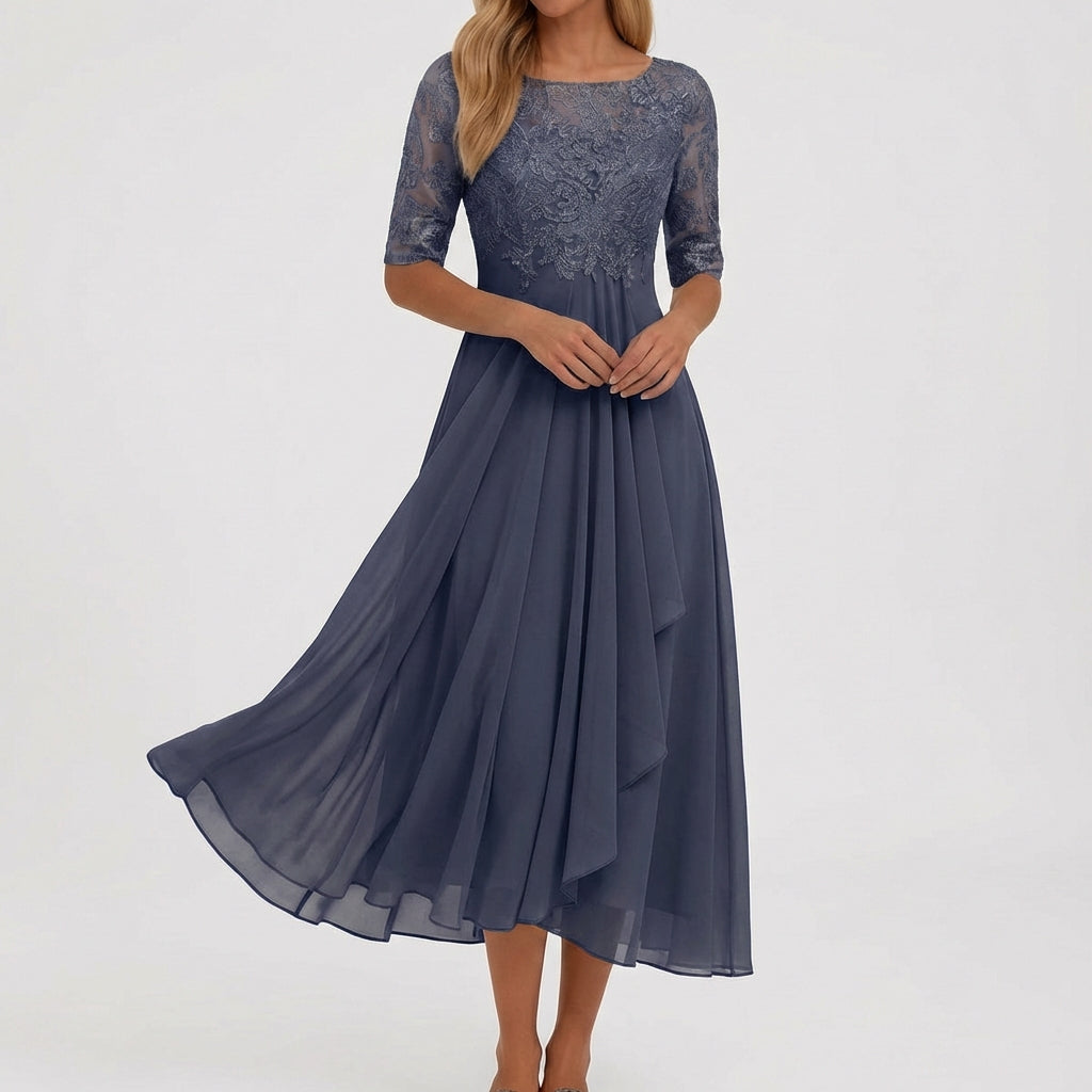 Vestito midi grigio con girocollo arrotondato e ricami floreali sul corpetto