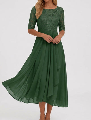 Vestito midi verde da cerimonia con mezze maniche velate e vita segnata
