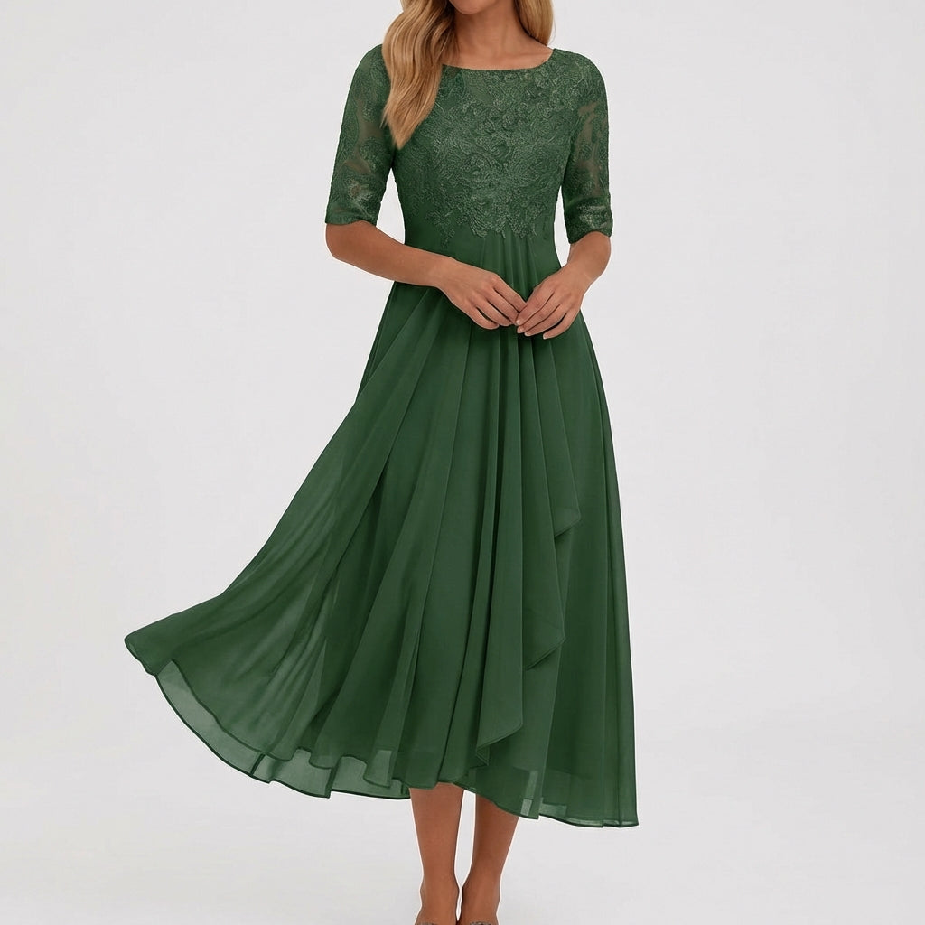 Vestito midi verde da cerimonia con mezze maniche velate e vita segnata