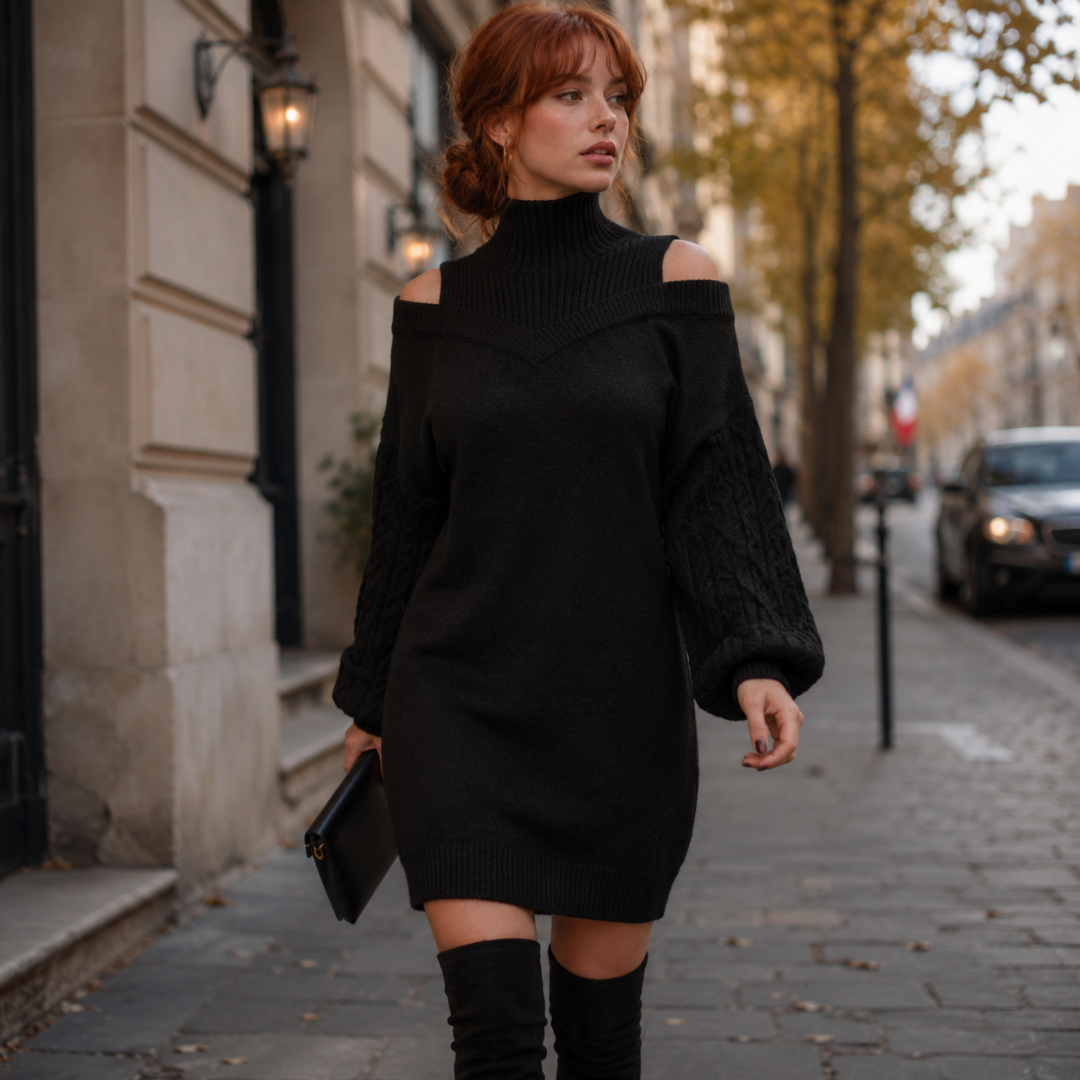 Vestito corto nero con collo alto a coste e spalle scoperte