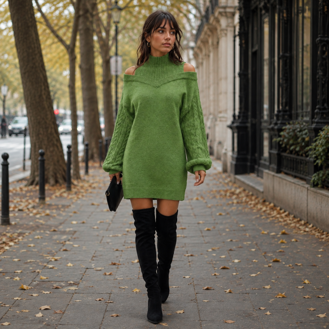 Vestito corto verde con collo alto e spalle scoperte, maniche a trecce