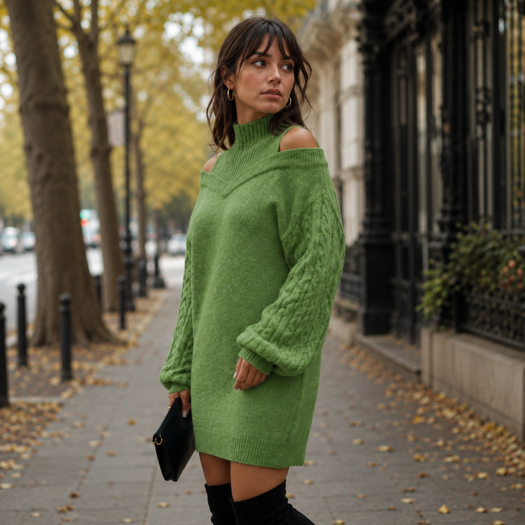 Vestito verde di lato con scollo a V e maniche ampie a trecce