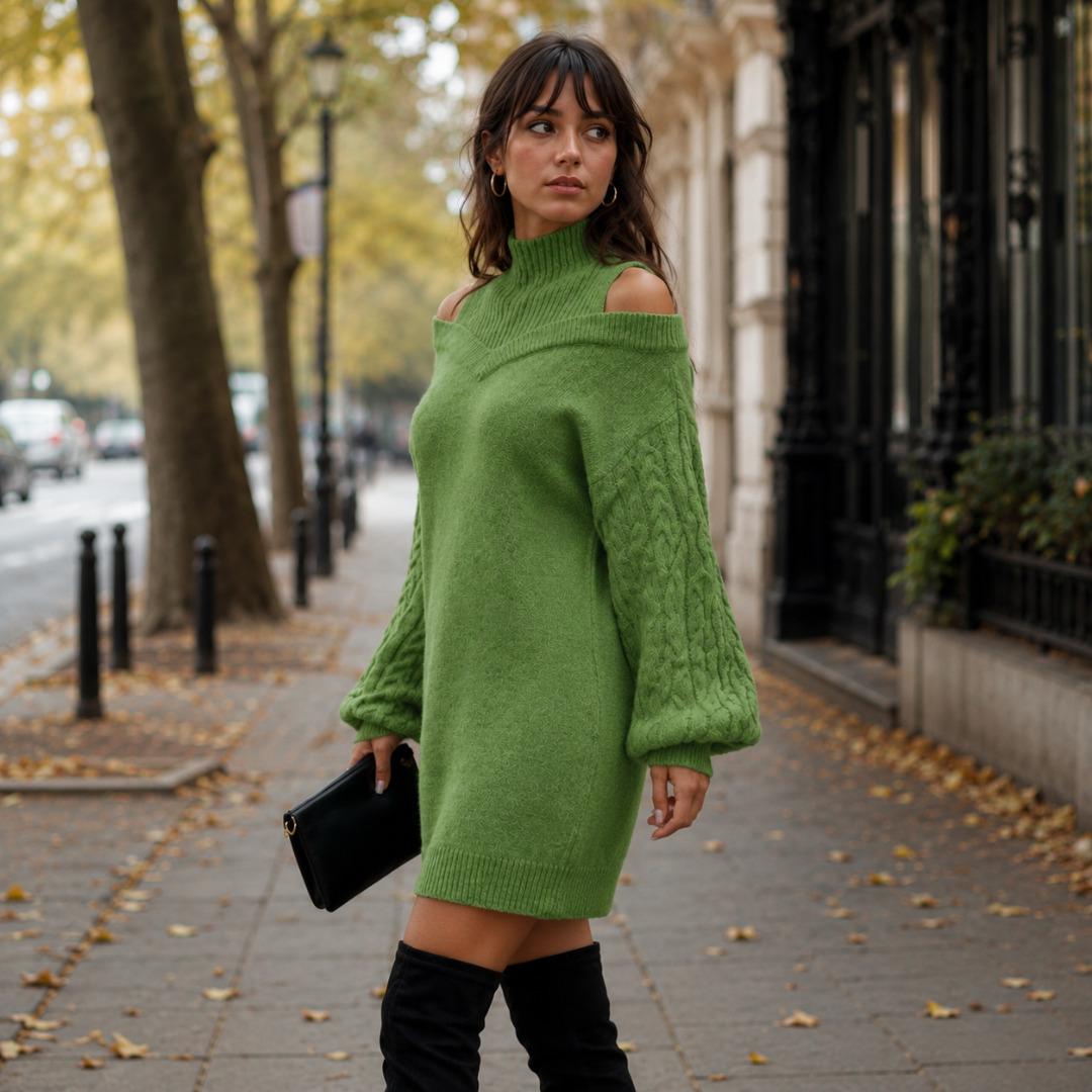 Vestito corto verde tre quarti, collo alto a coste e orlo a coste