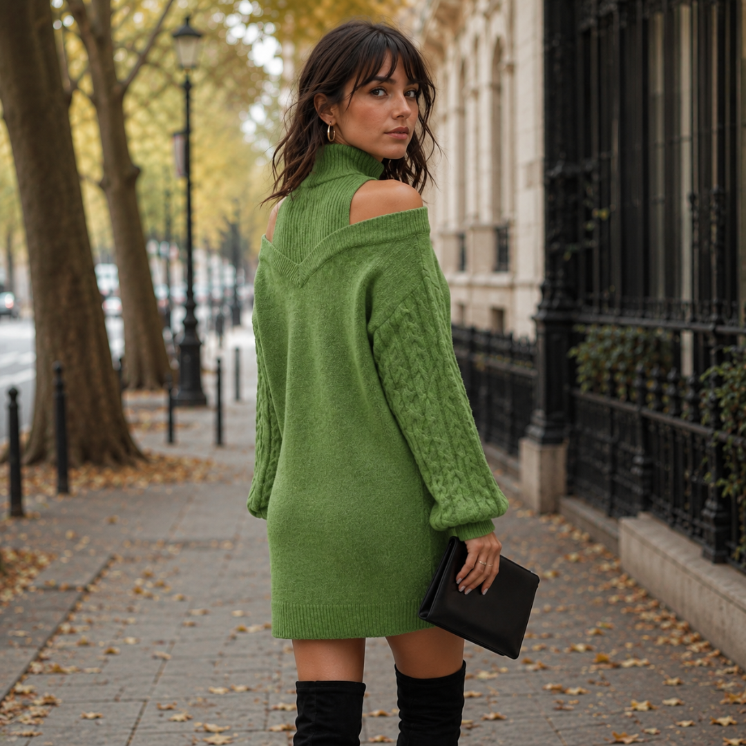 Retro del vestito verde con spalle scoperte e trecce sulle maniche lunghe