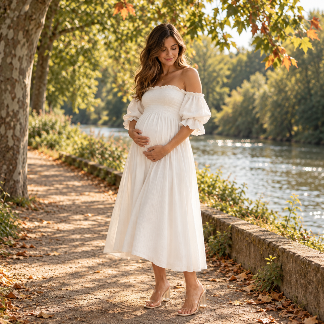 Vestito premaman bianco midi con gonna ampia e scollatura dritta sulle spalle