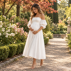 Vestito premaman bianco a spalle scoperte con gonna ampia lunghezza midi