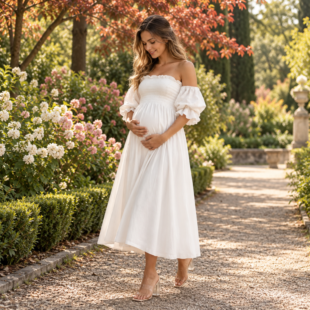 Vestito premaman bianco a spalle scoperte con gonna ampia lunghezza midi